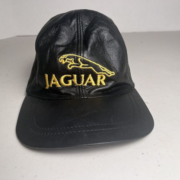 Jaguar Hat Baseball Cap Leather Adjustable Black Embroidered Yellow Logo Clean - Picture 2 of 12